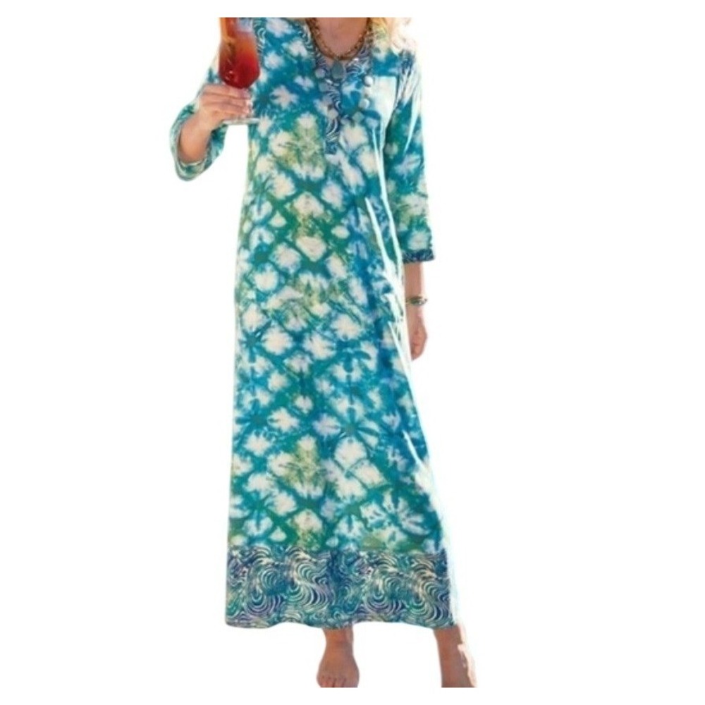 Soft Surroundings Womens M Green Blue Tie Dye Amite Caftan Maxi Dress w/ Pockets